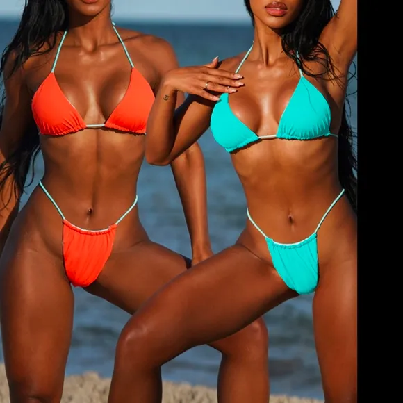 Prettylittlething Blue And Orange Reversible Ribbed Bikini Set Size 6 - Image 2