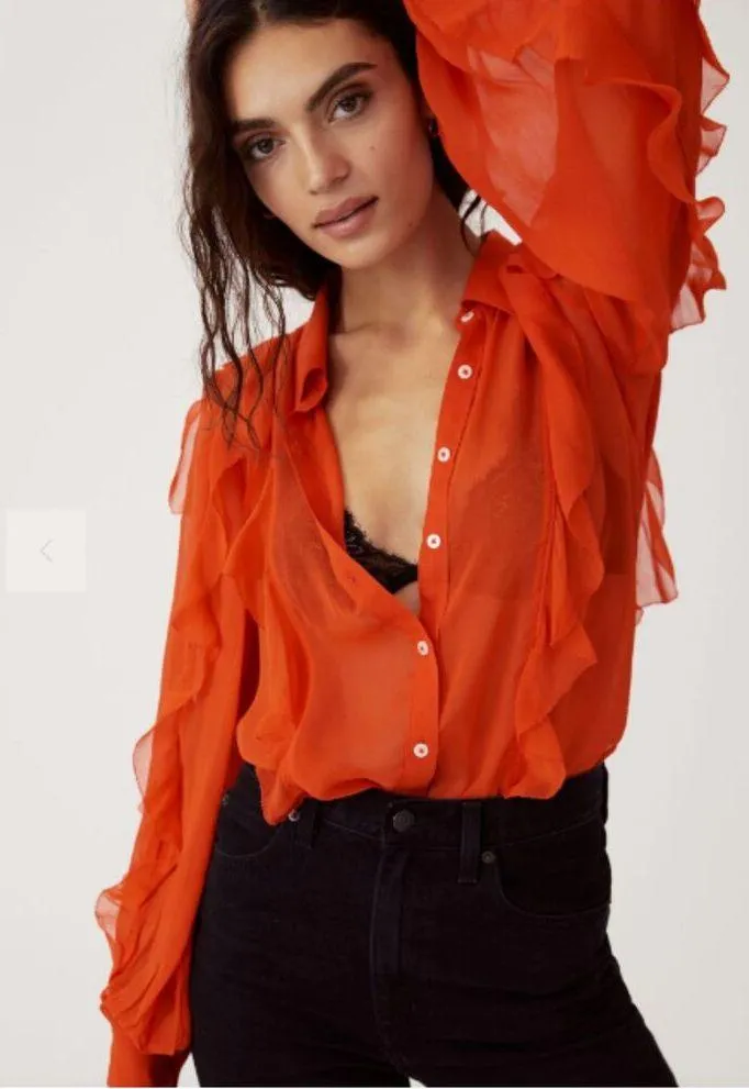 Maeve Women's Size M Orange Ruffled Button Down Blouse EUC - Image 4