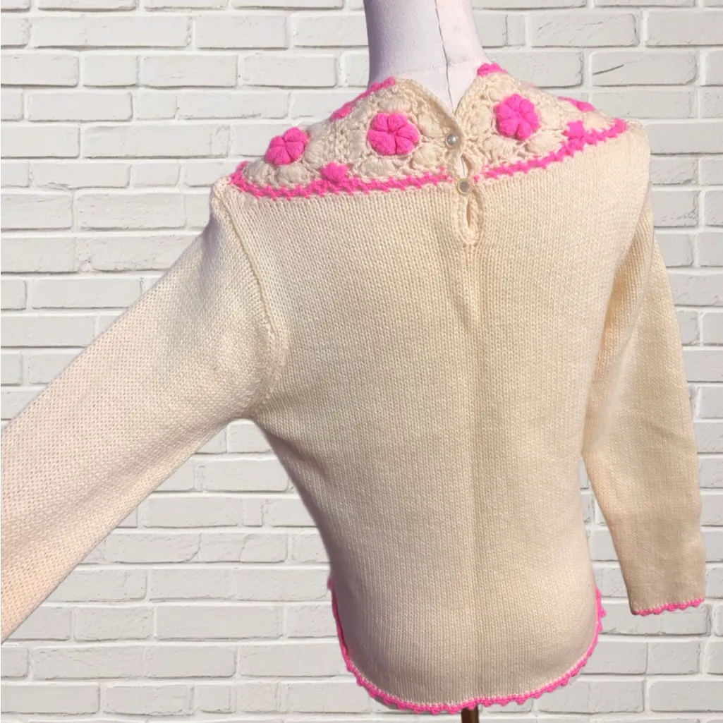 Vintage Crochet Flower Knit Sweater Cream Pink Handmade Boho Cottagecore M Size undefined - Image 4