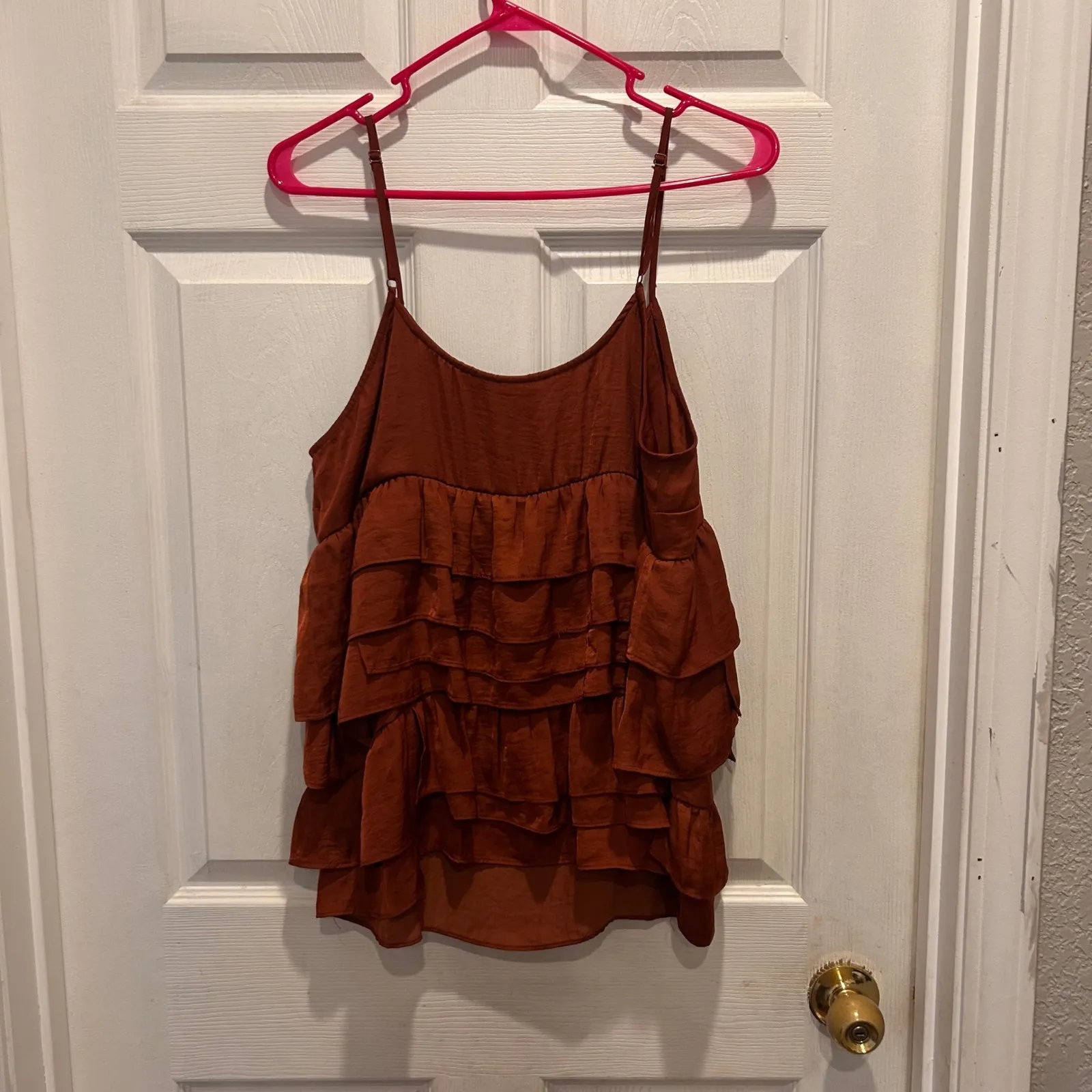 WHOWHATWEAR‎ Womens Rust Orange Tiered Ruffle Spaghetti Strap Tank Top Size L - Image 4