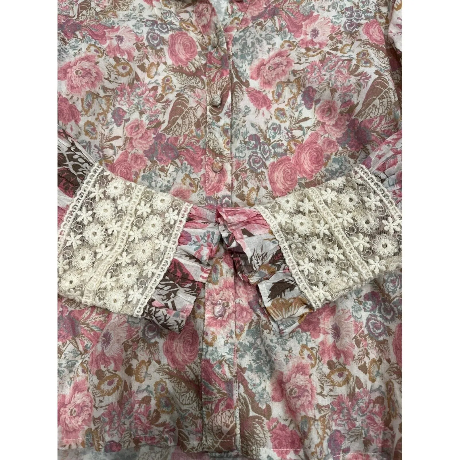 LoveShackFancy Brooke Floral lace Blouse button down Cuff Long‎ Sleeve Top XS - Image 3