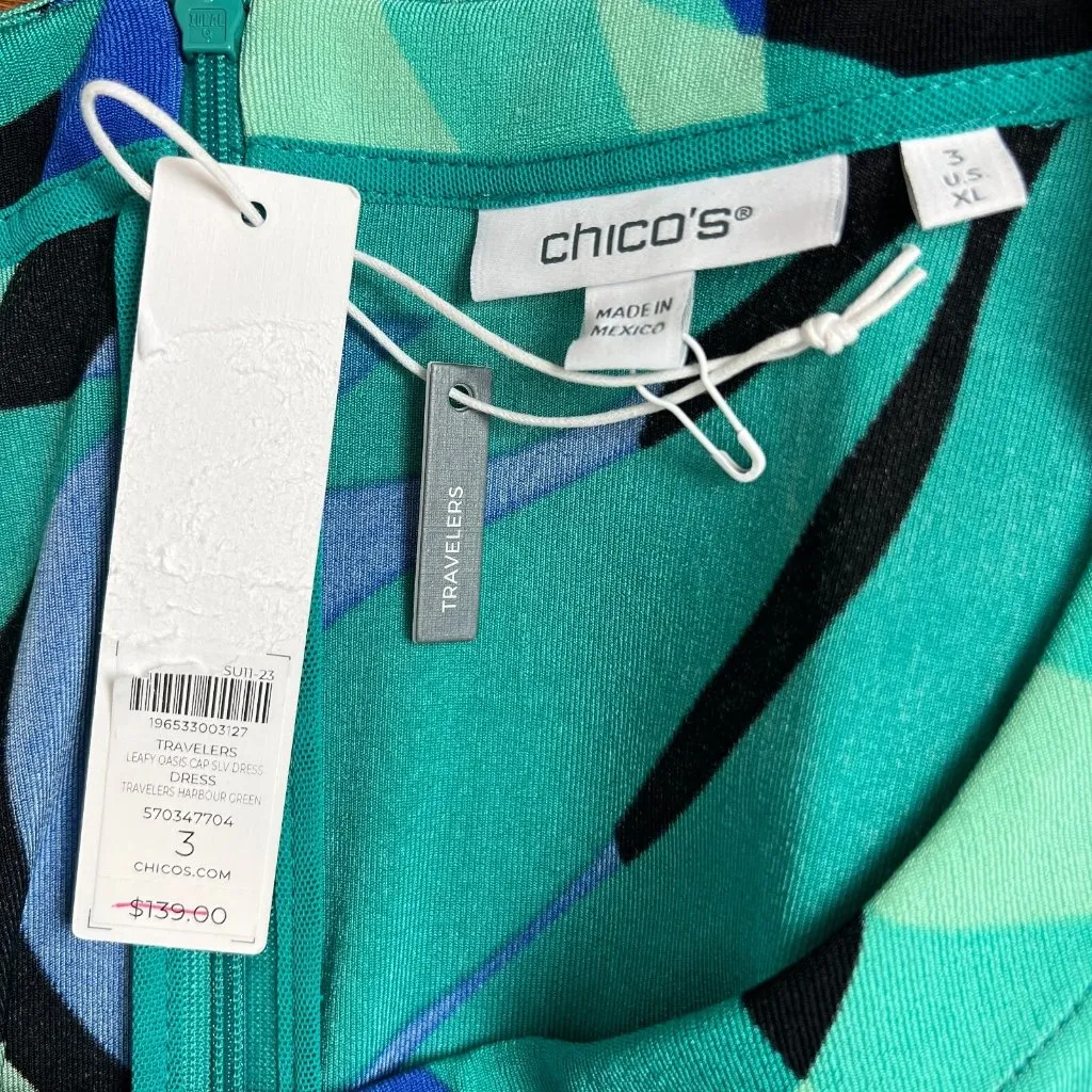 Chicos 3‎ Travelers Maxi Dress XL Green Leafy Oasis Cap Sleeve Belted Waist New - Image 9