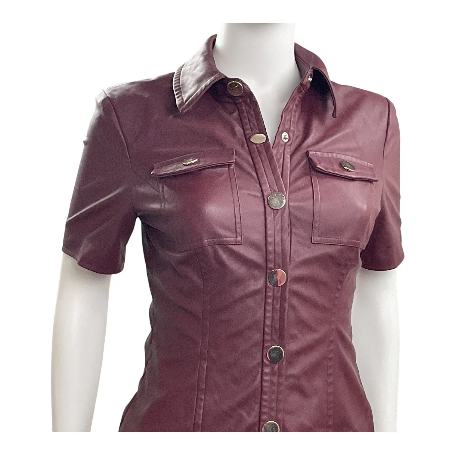 TOCCIN Burgundy Faux Leather Short‎ Sleeve Dress Snap Front Mini Vegan Sz 2 Red - Image 6