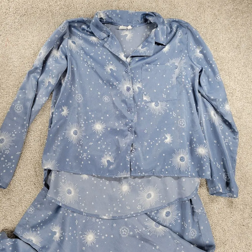 BP Celestial Pajamas Set Womens XS Blue White Sun Stars Moon Pants Button Top - Image 8