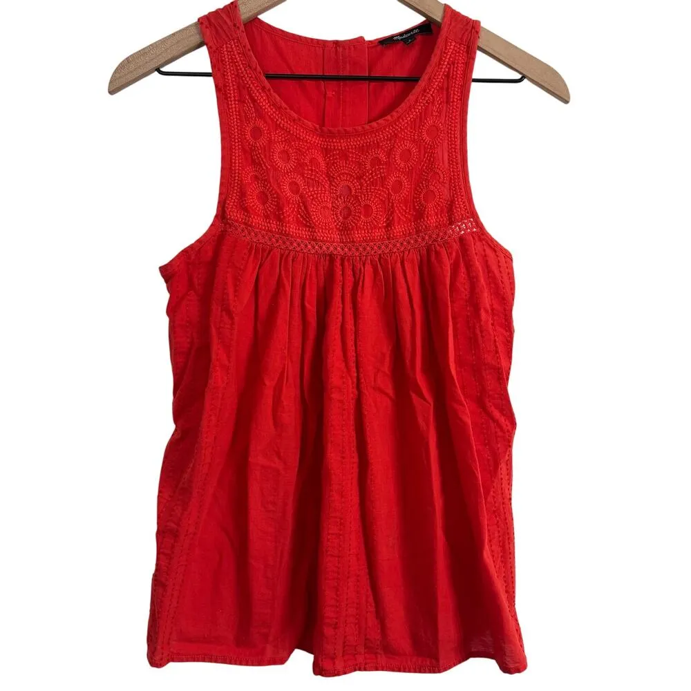 Madewell Red Embroidered Button Back Swing Tank Top Size 0 - Image 3