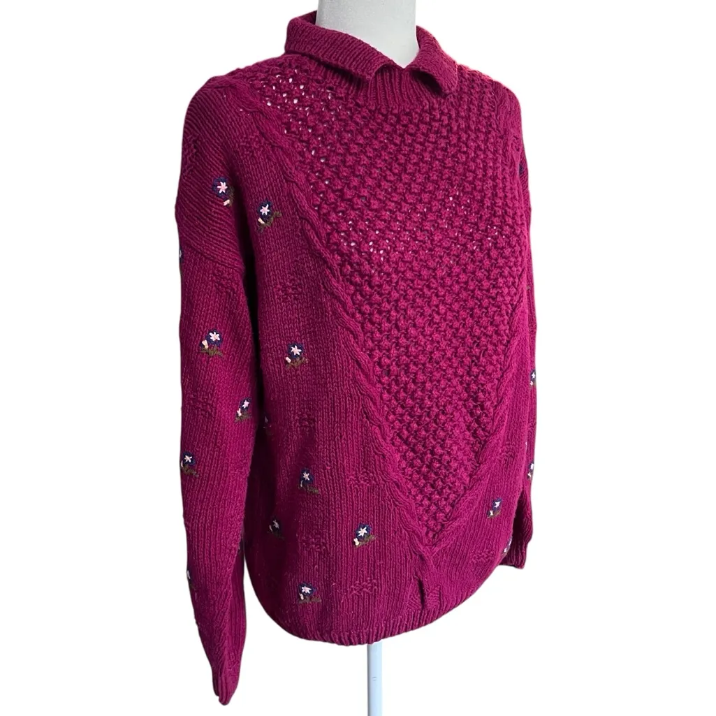 Vintage Collared Knit Sweater Cottagecore Floral Embroidered Magenta Womens Med Pink - Image 3