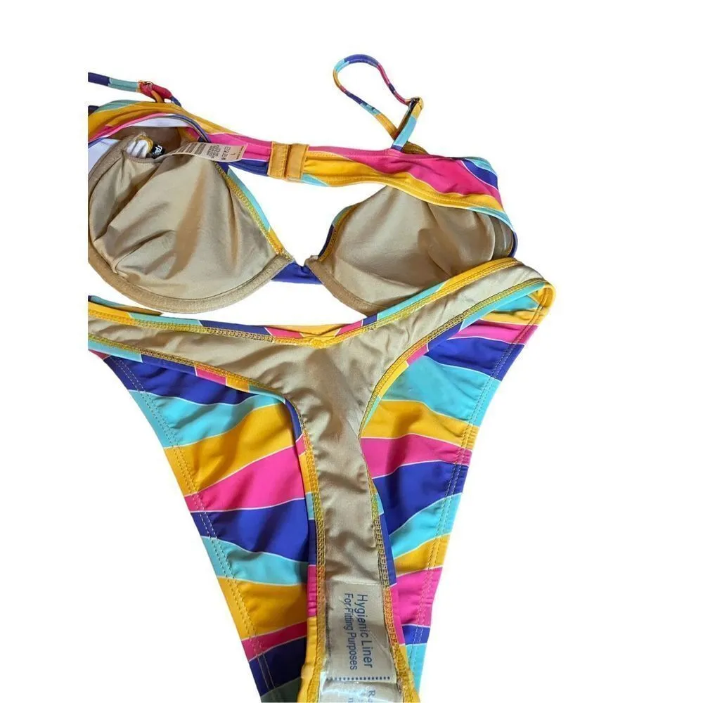 NWT Foreplay 2piece Bikini Set Multi Color Size L Vacation Pool Beach underwire Pink Size L - Image 8