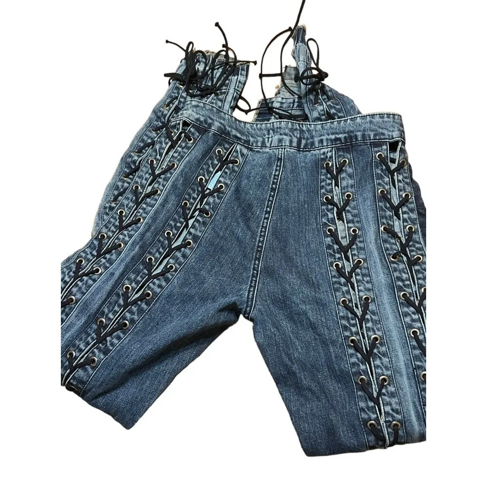 Kikiriki Lace Up Grommet Jeans Skinny Fit Mid Rise Zip Fly 100% Cotton Sz S Blue - Image 6