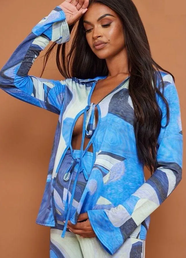 New PrettyLittleThing Maternity Set Printed Slinky Tie Top & Flared Pant Size 10 - Image 3