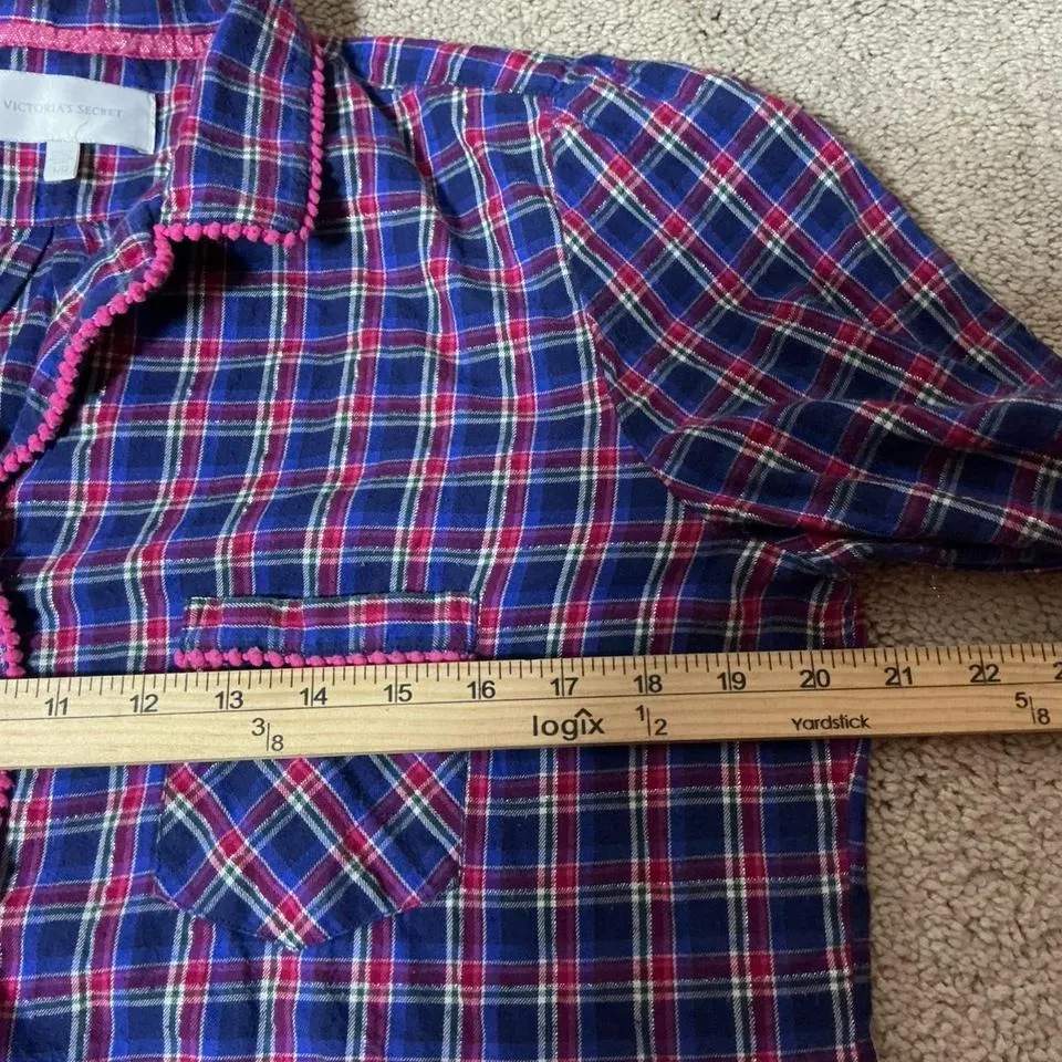 Victorias Secret Plaid Pajama Top Shirt Pink Blue White Metallic L G - Image 3