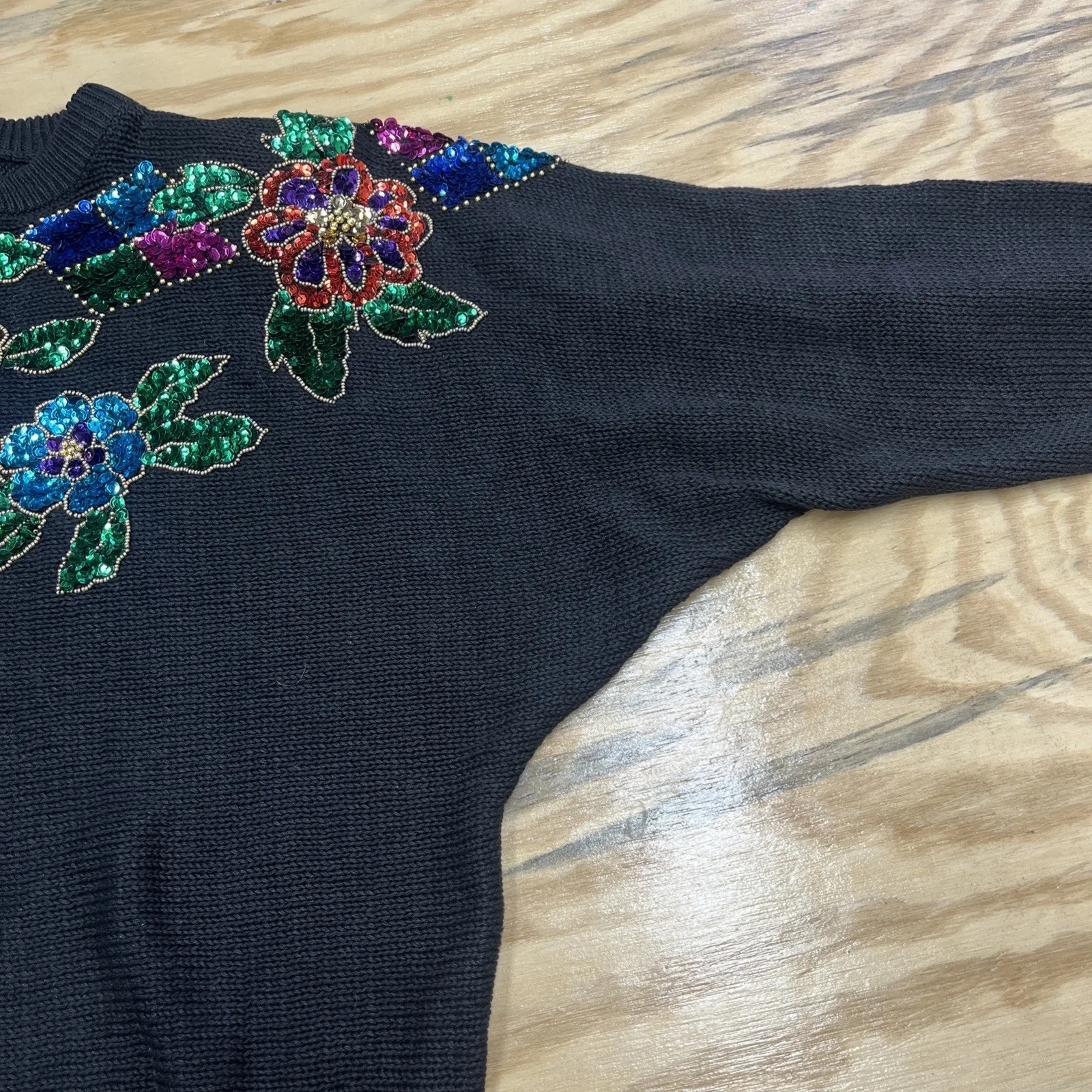 Vintage Mr Noah Floral Christmas Sweater Embroidery Sequins Black Size Medium - Image 8