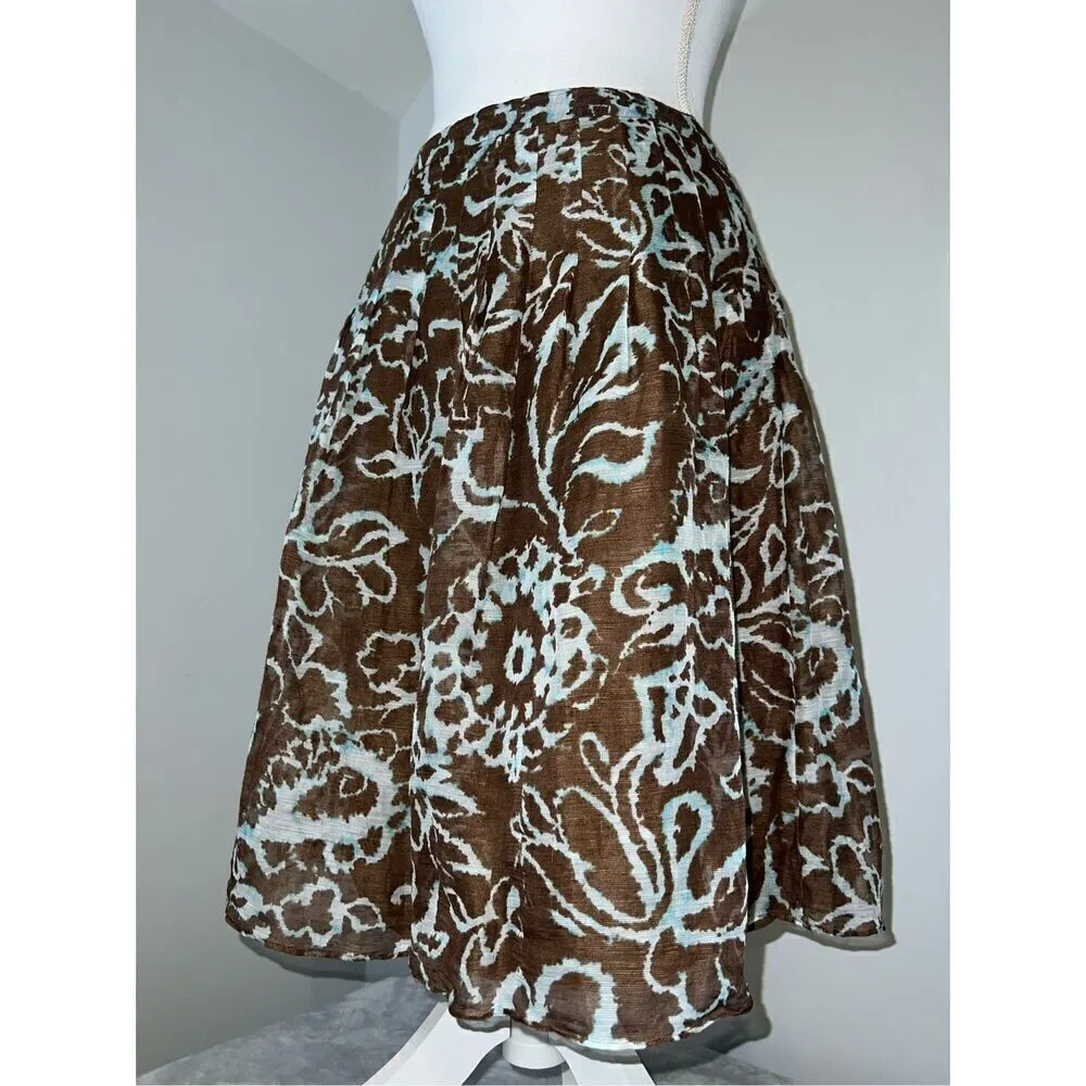 Women’s Vintage Linen/Silk Baby Blue-Brown Midi Skirt 8 Floral A-Line - Image 2