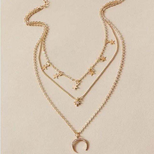 Dainty Star Rhinestone Moon Charm Layered Necklace Gold - Image 2