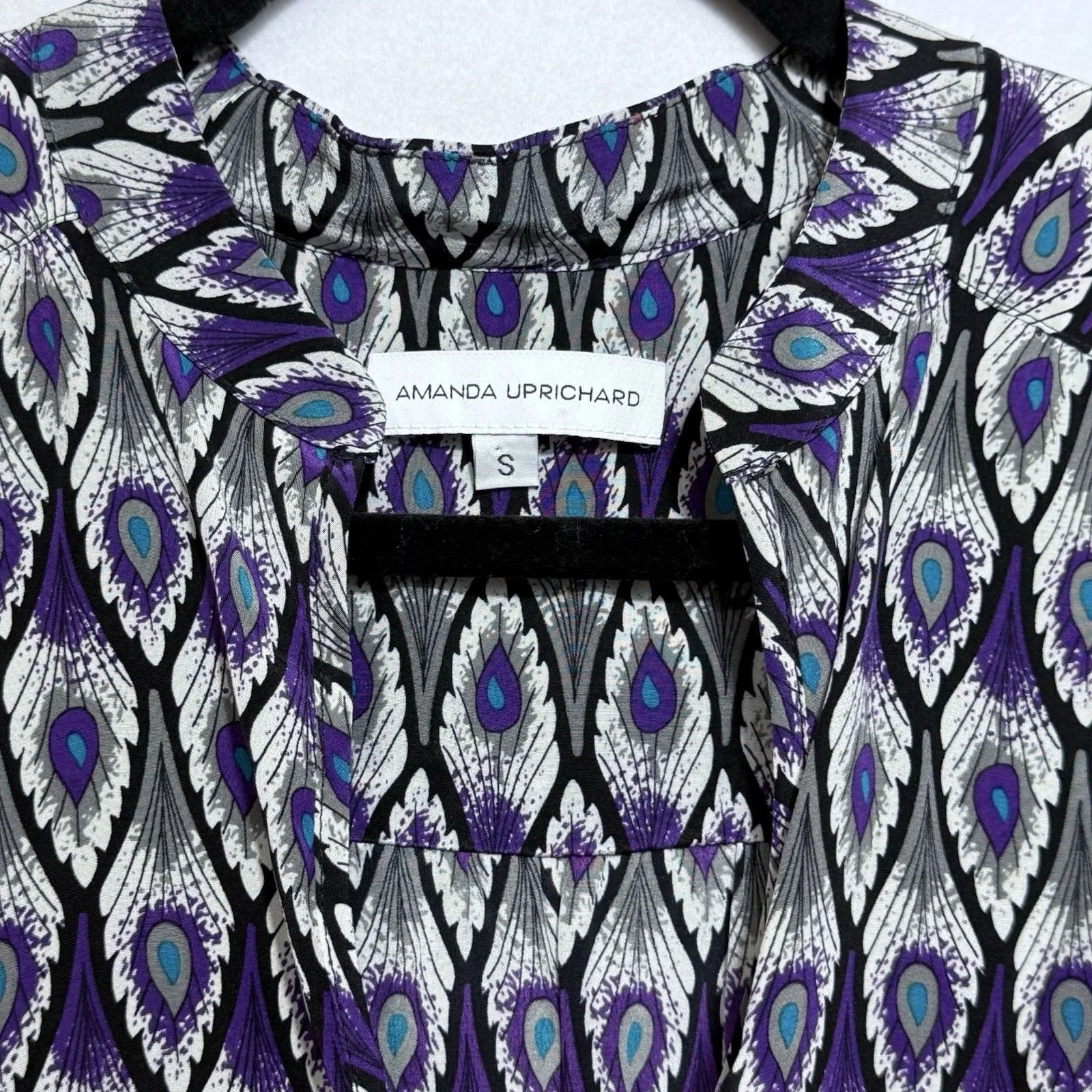 Amanda Uprichard Peacock Feather 100% Silk Split Neck Popover Blouse Top Size S Purple - Image 3