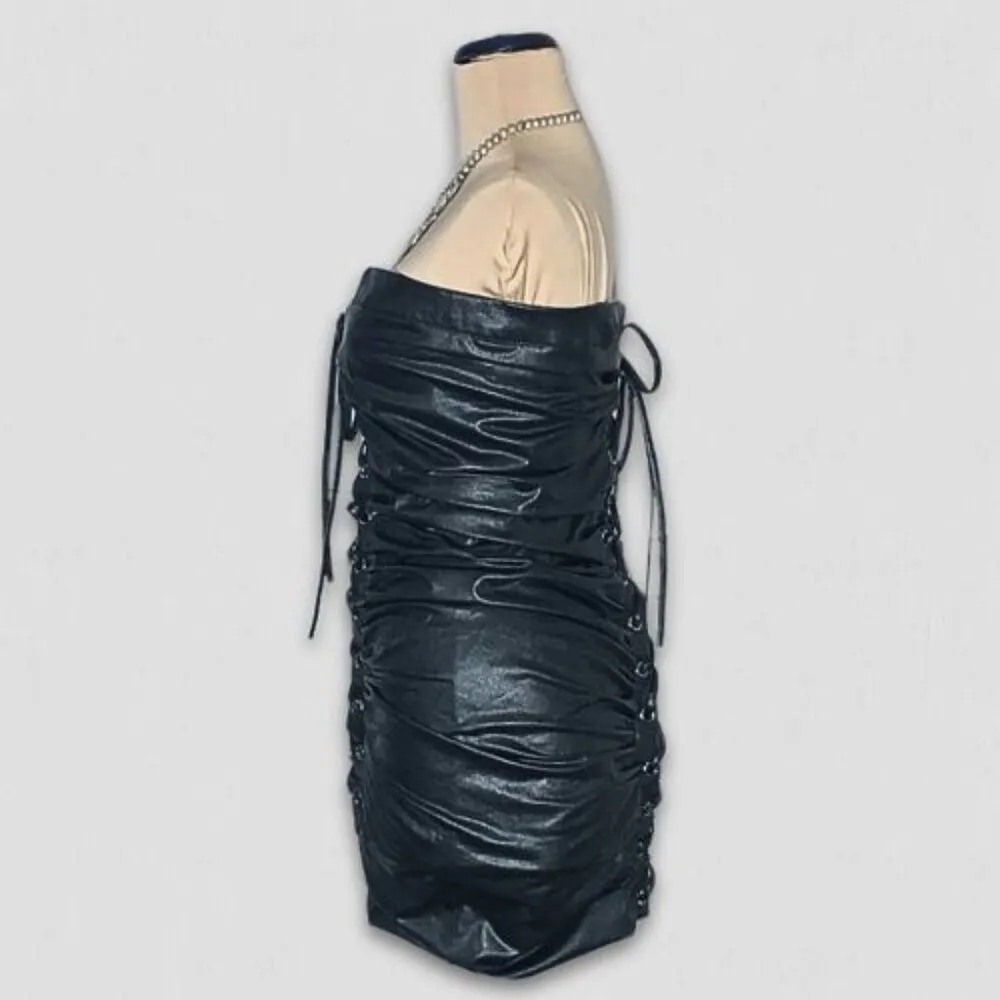 Forever 21 Black Faux Leather Lace Up Corset Mini Dress S - Image 3