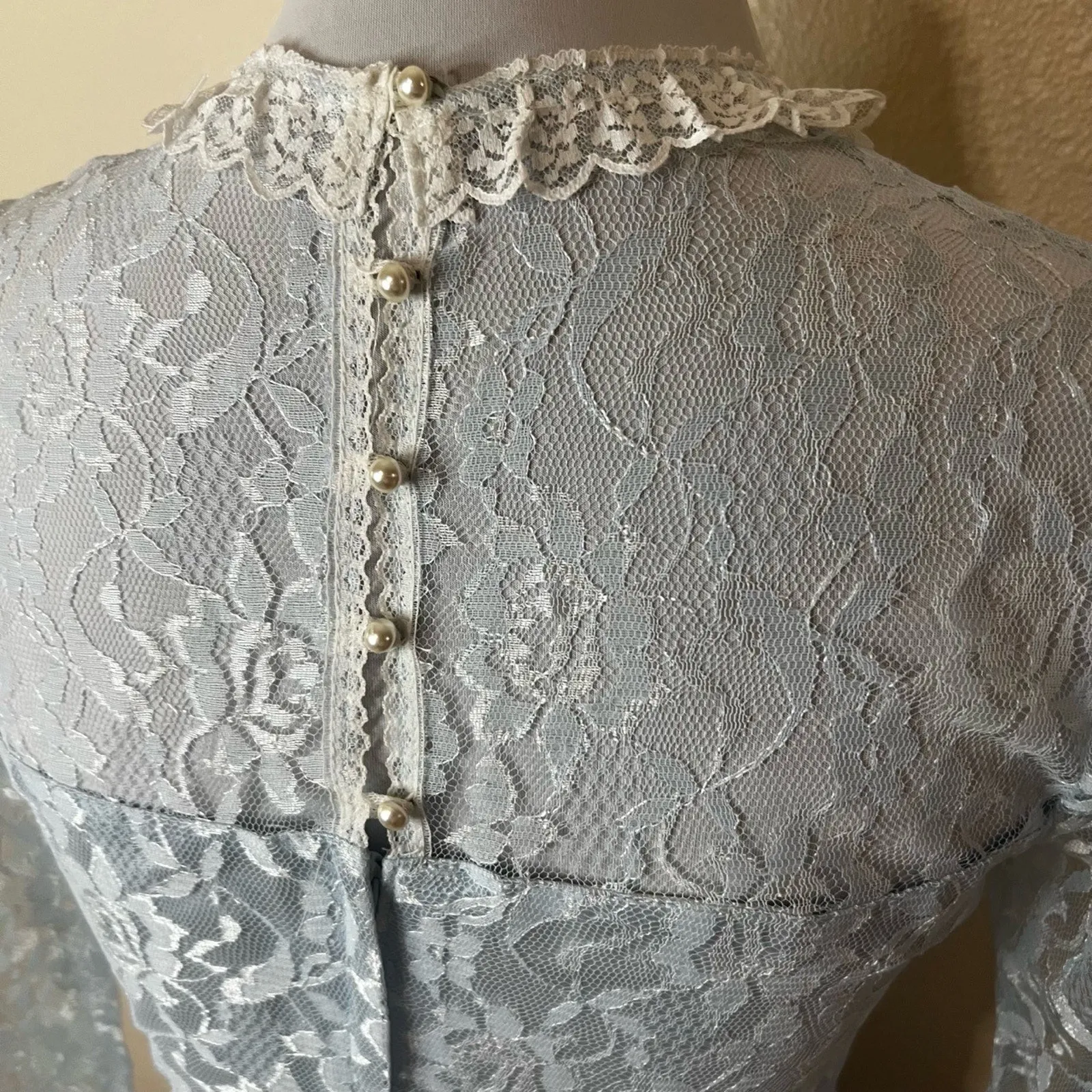 Gunne Sax Womens Dress Size 9 Light Blue White Lace High Neck Peplum Romantic - Image 8