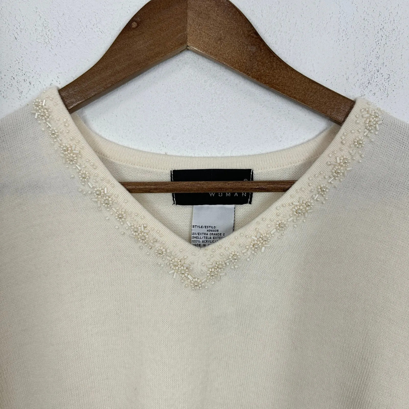 Vintage Sag Harbor Cream V Neck Long Sleeve Beaded Embellished Sweater Granny Size XXL - Image 7