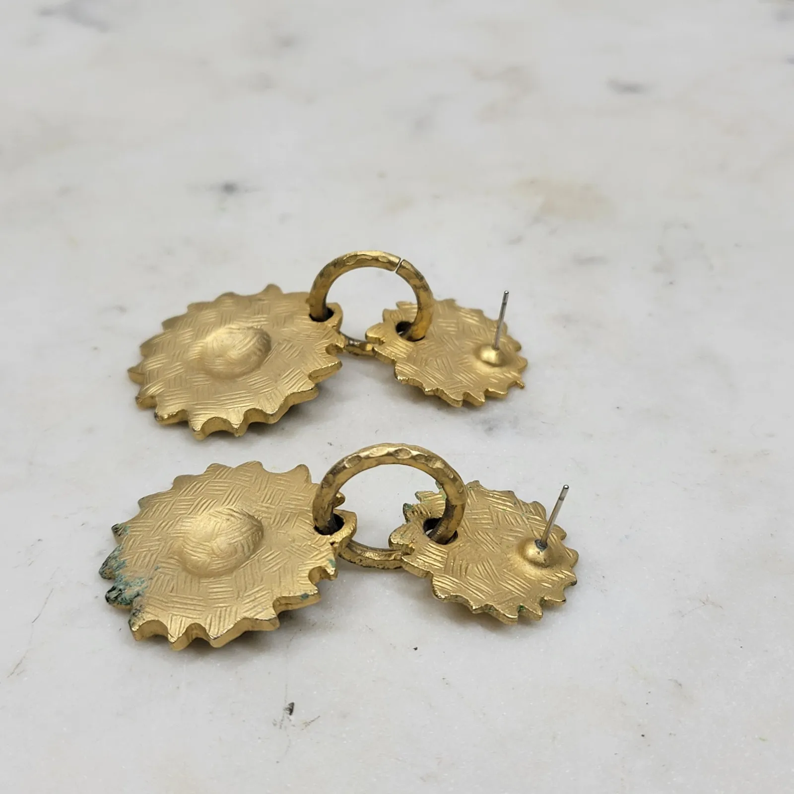 Vintage Sunburst Dangle Earrings Womens Gold Brass Handmade Celestial Statement - Image 10