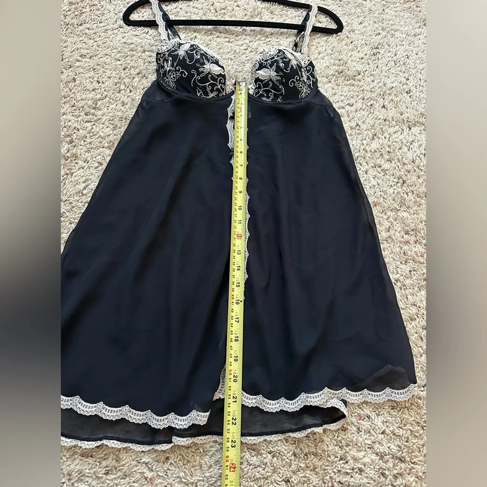 Delicates Babydoll Black Molded Cups w Cream Embroidery & Lace Mesh Skirt M - Image 6