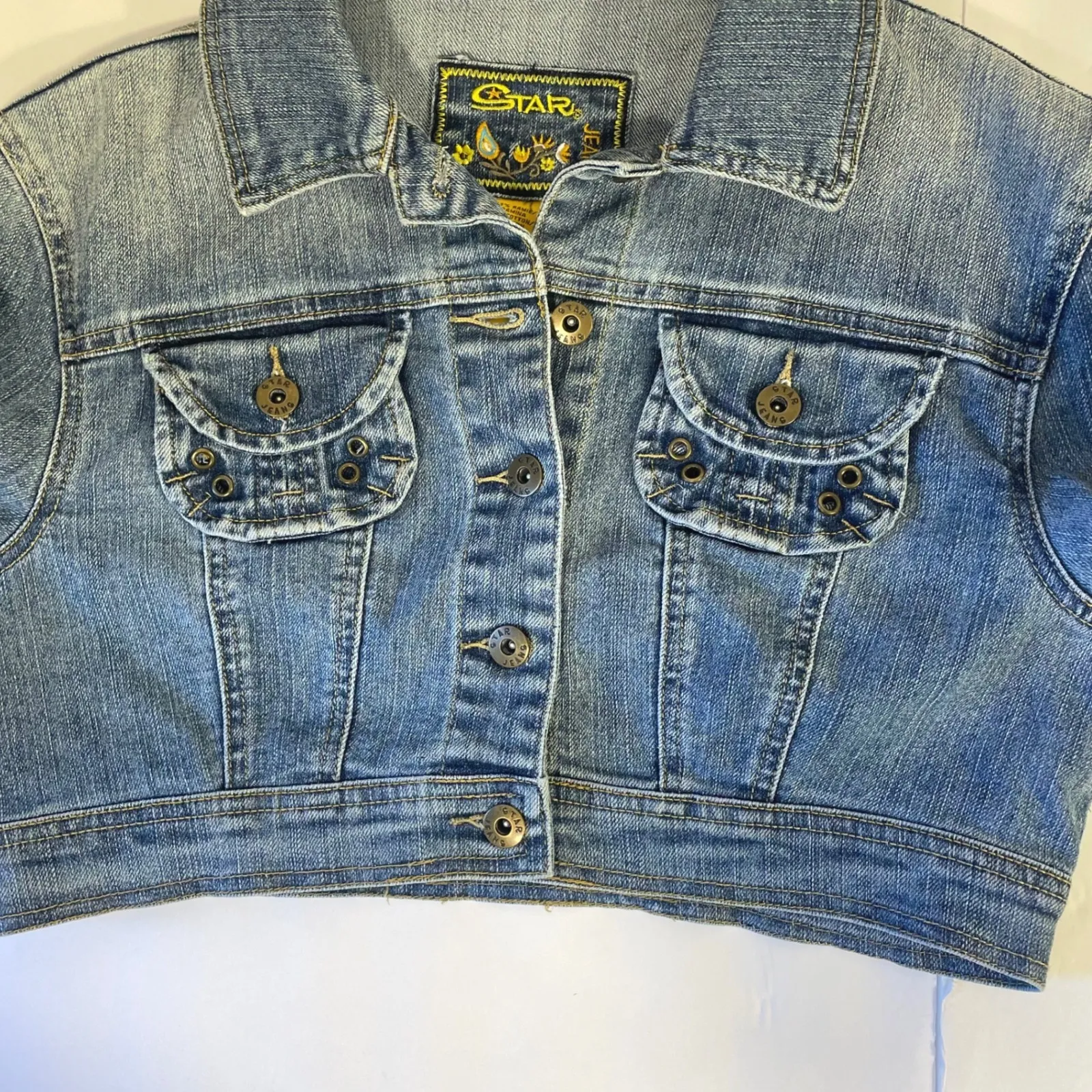 Star Jeans Women's Cropped Denim Jacket M Blue Button Front Long Sleeve Y2K Boho Size M - Image 5