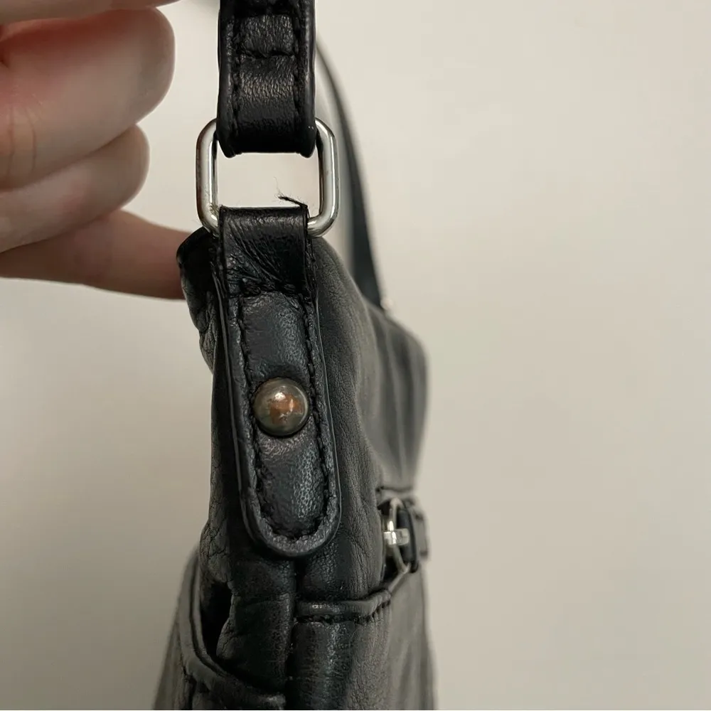 Margot Purse Crossbody Pebbled Leather Split Pocket Rectangle Black Silver - Image 14