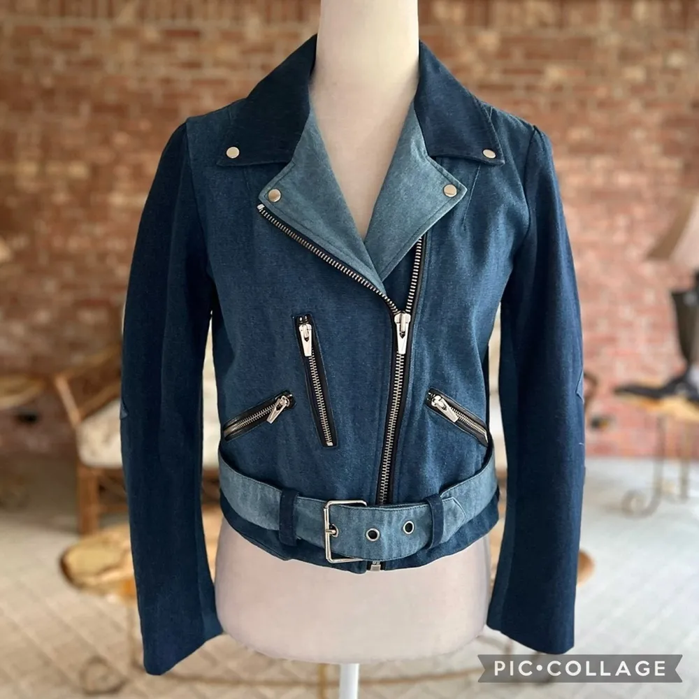 Veda Atmosphere Denim Jacket Moto 3 Tone Trio Blue S Cropped Belted Chic Edgy - Image 4