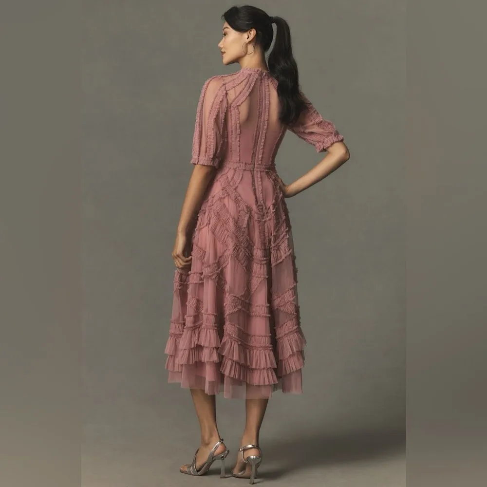 MAC DUGGAL 8058 Pink High Neck Micro Ruffle Tiered Midi Dress - Image 4