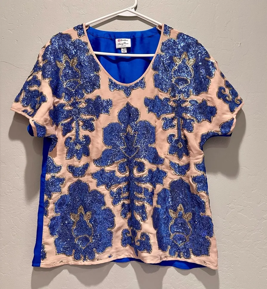 Tracy Reese Neiman Marcus for Target Blue Sequined Short Sleeve Top Small NYE - Image 1