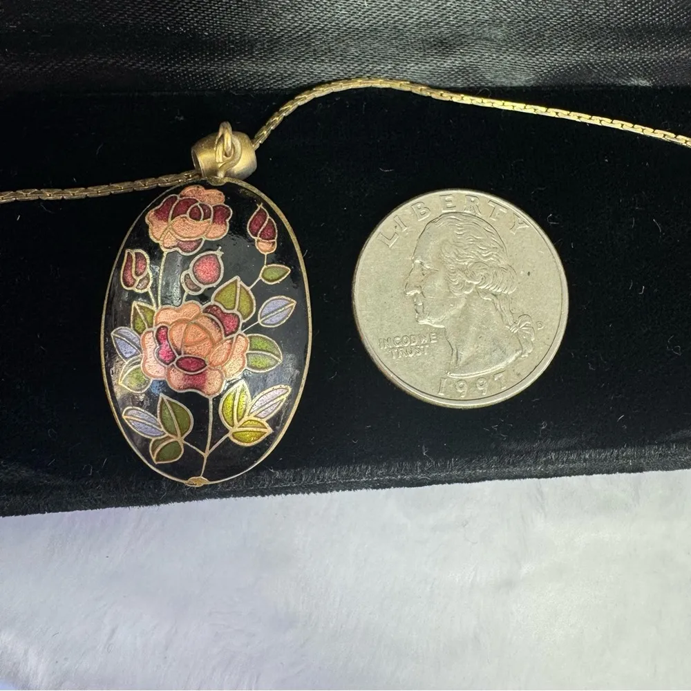 Cloisonné Pendant Floral Design 24 inch Gold Plated Chain Vintage Estate Jewelry - Image 8