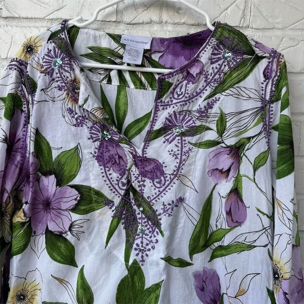 Soft Surroundings Women's PXL Cotton Floral Tunic Blouse Multicolor Casual Top - Image 3