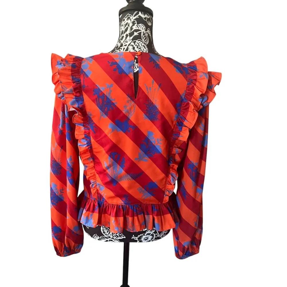 Siddhartha Bansal Ruffled Mansard Blouse Orange Colorful Red Orange Floral MED - Image 3