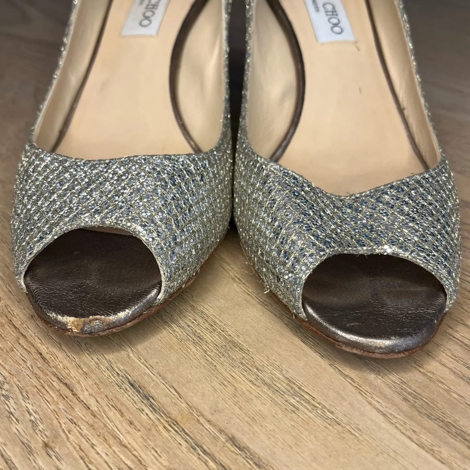 Jimmy Choo Isabel Peep Toe Mid Heel Pumps Sparkle Glitter Size 39.5 Women’s 9.5 - Image 8