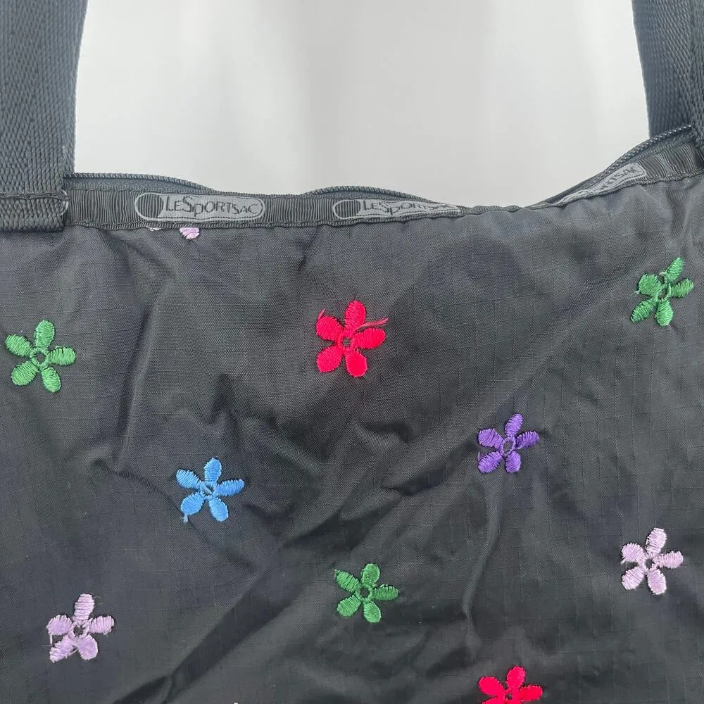 LESPORTSAC Bag Flower Embroidery Black Zipper Tote Lightweight Travel MultiColor - Image 11