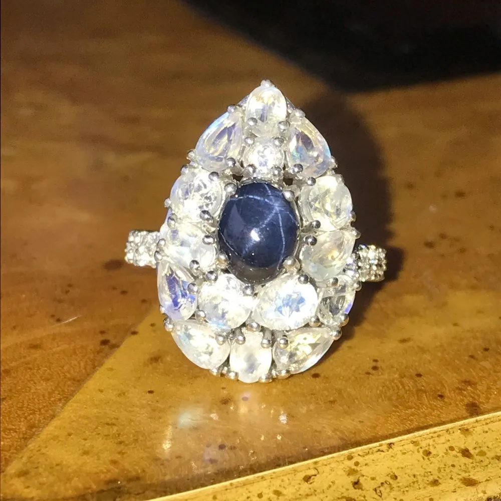 Natural Star Sapphire Rainbow Moonstone Sterling Silver Ring Size 7 Blue - Image 10
