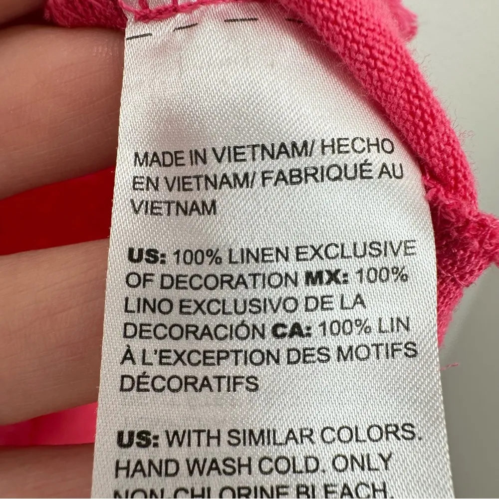 Chico's Size Large V Neck Bright Pink‎ 100% Linen Short Sleeve Ruffle Blouse - Image 4