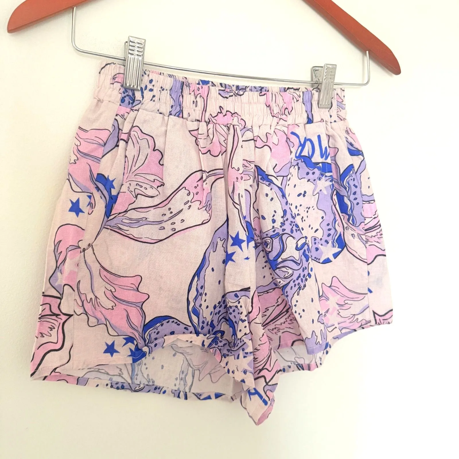 Las Sureñas Amor Blue Linen Blend Elastic Waist Lightweight Pool Day Shorts Sz S White - Image 12