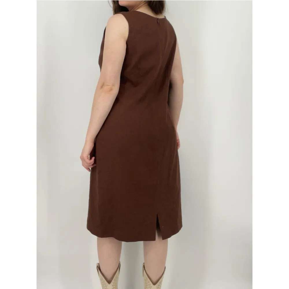vintage boho minimalist earth tone brown linen blend shift dress sleeveless 14 Size L - Image 4