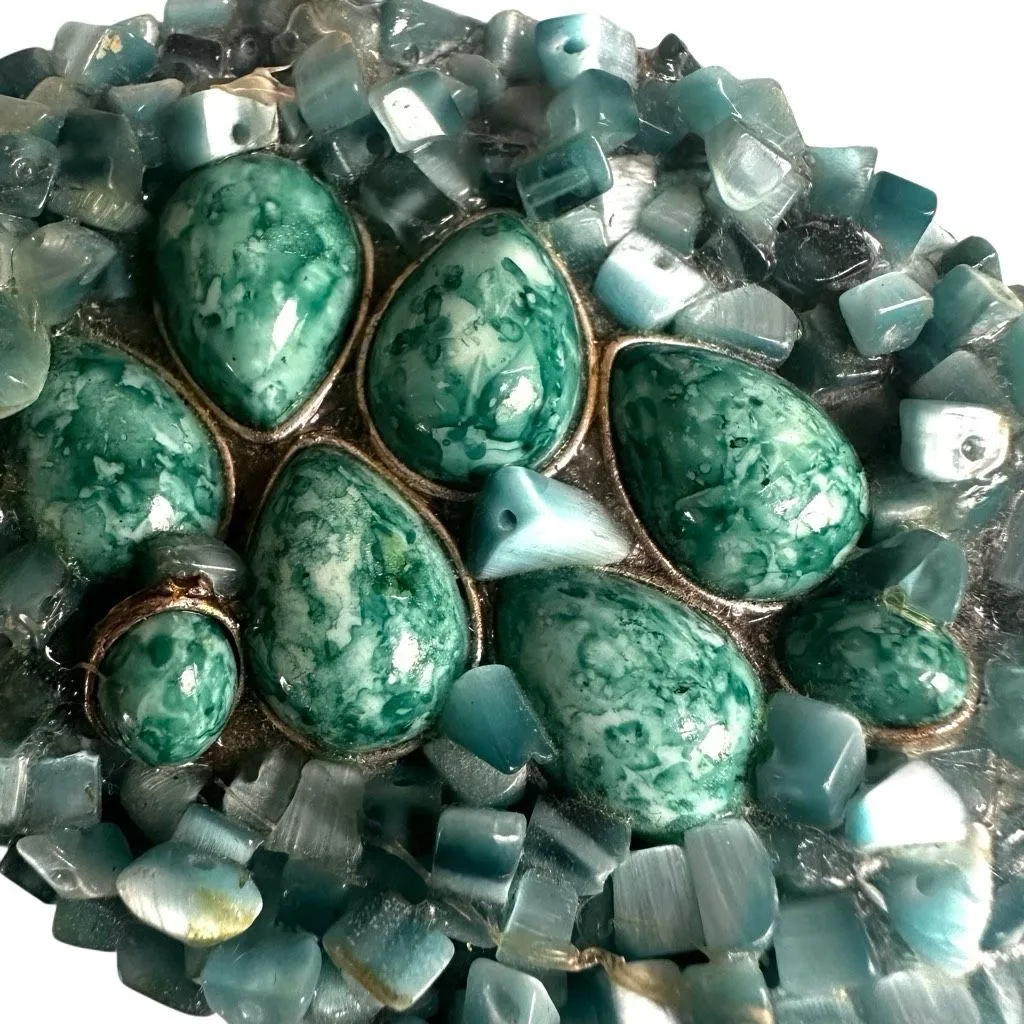 Vintage Mosaic Stone Belt Buckle – Teal Dyed Magnesite/Howlite + Cat’s - Image 2