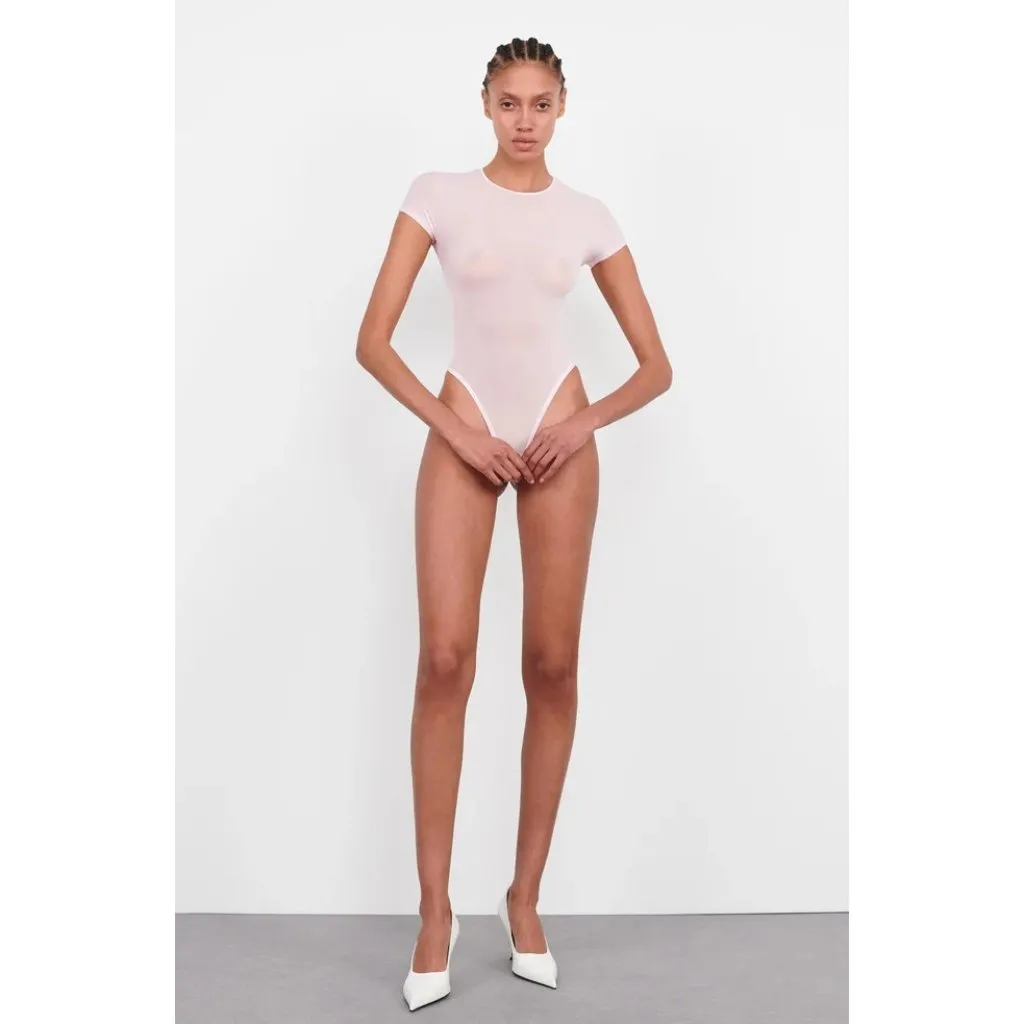 WARDROBE.NYC Sheer Cap Sleeve Bodysuit in Blush Pink X - Image 11