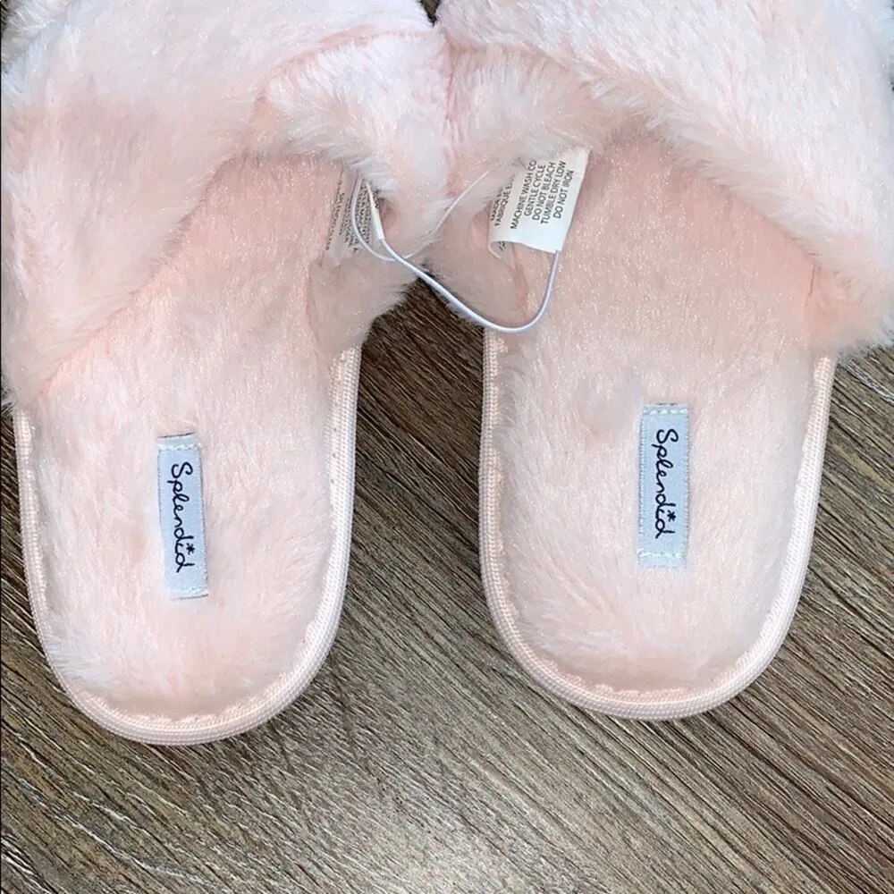 Splendid  Faux Fur Crisscross Slippers Pink S/M - Image 3