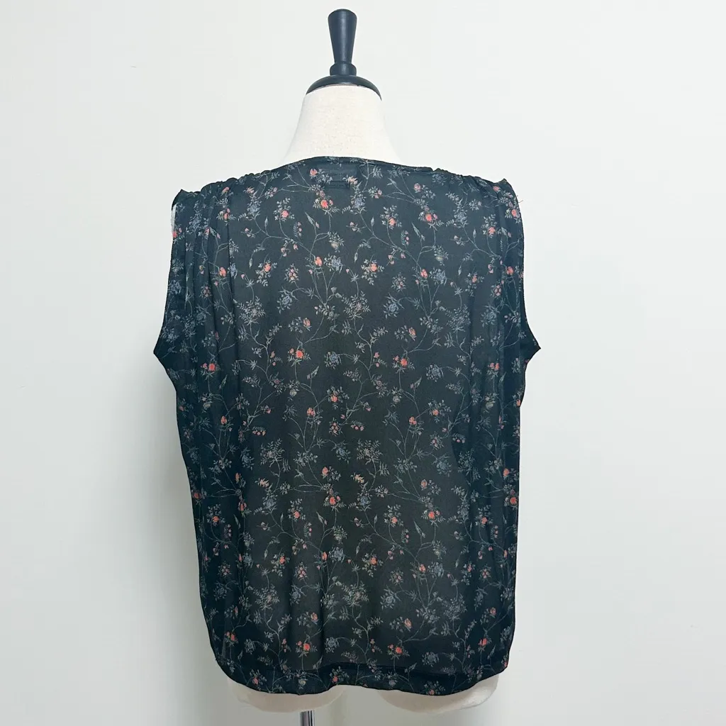 Isabel Marant Black Floral Sheer Silk Blend V Neck Sleeveless Ruched Top 38 - Image 6