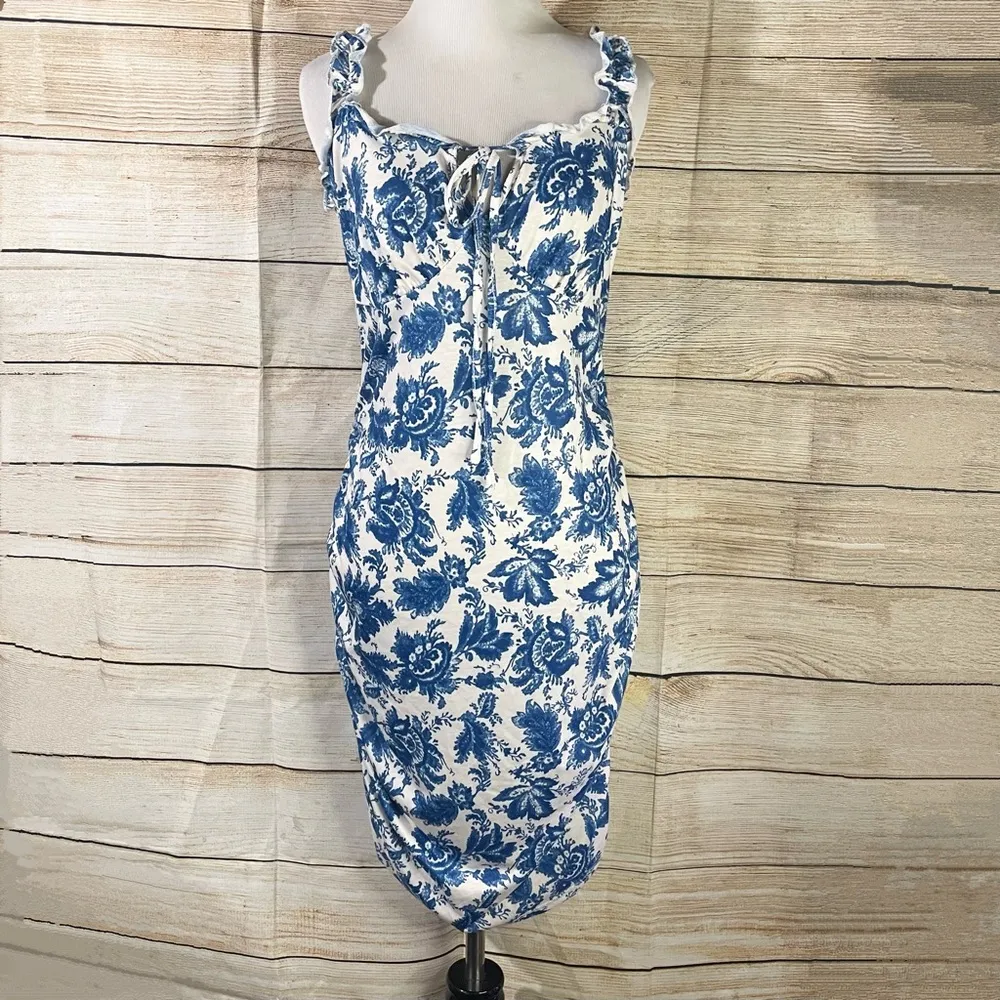 floral ruched sides knot front stretchy bodycon blue dress Size XLarge NEW - Image 4