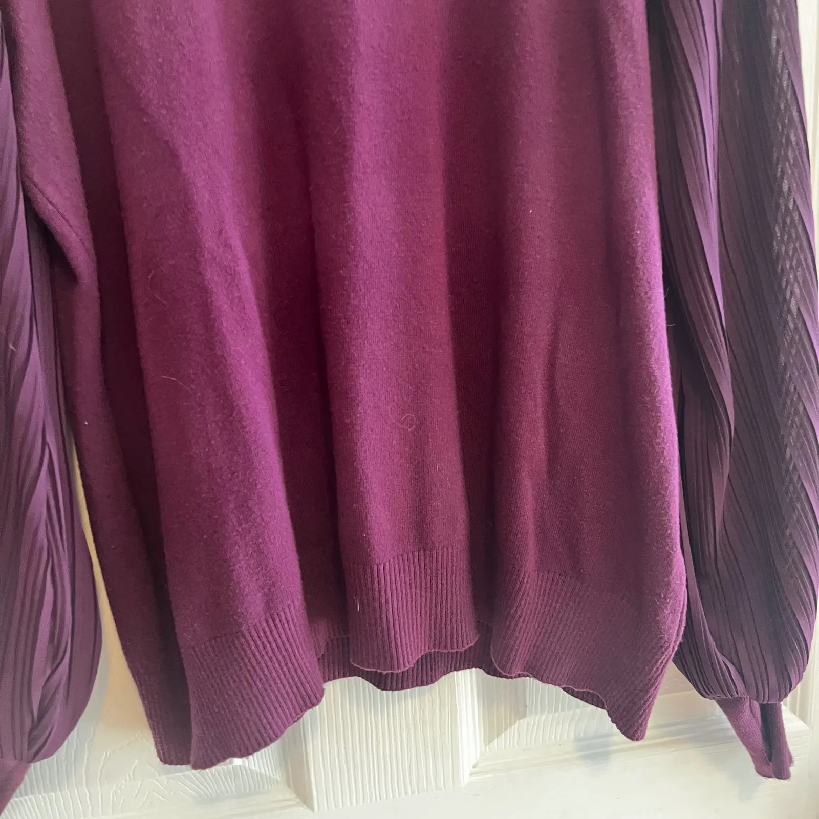 Plum Purple Sweater with Pleated Bishop Sleeves Ruffle Mock Neck Size Medium Purple - Image 5