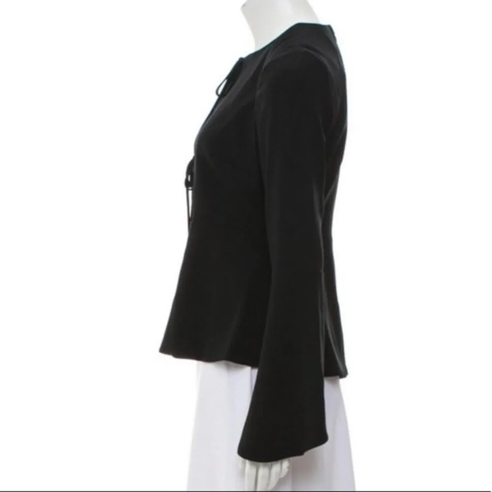 Intermix Black Plunge Bell Sleeve Top Front Tie Blouse Size P - Image 2