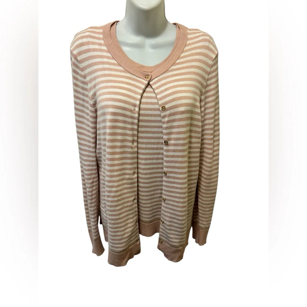 Calvin Klein Dusty Pink White Stripe Twinset Sz M Cardigan Shell Soft Rayon - Image 3