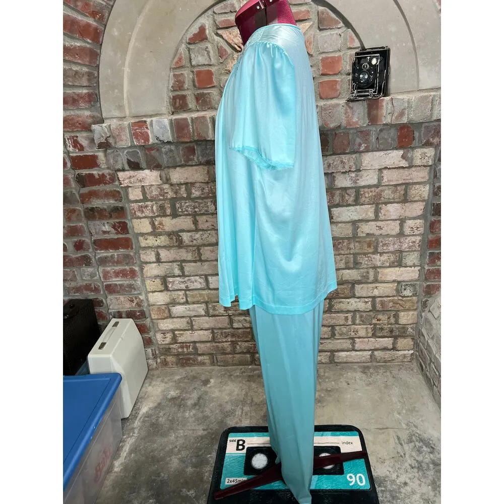 Vanity Fair satin pajama set top pants aqua pink lace floral - Image 5