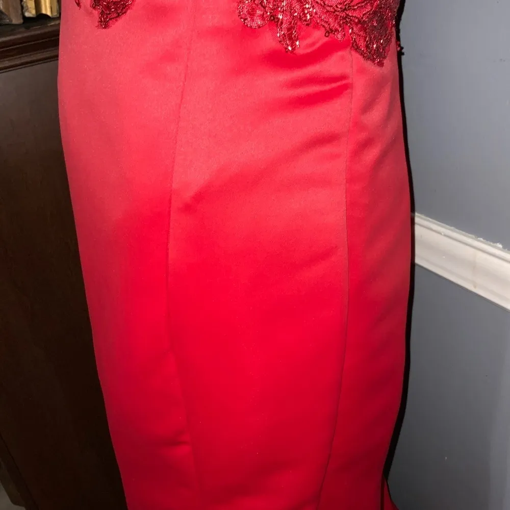 Red Mermaid Sleeveless Floral Lace Embroidered Beaded Fitted Formal Prom XS - Image 11