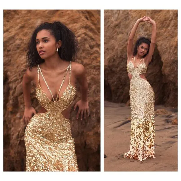 NWT Mac Duggal 6077 Gold Thin Strap Cut Out Gown With Ombre Sequins Size 8 - Image 3