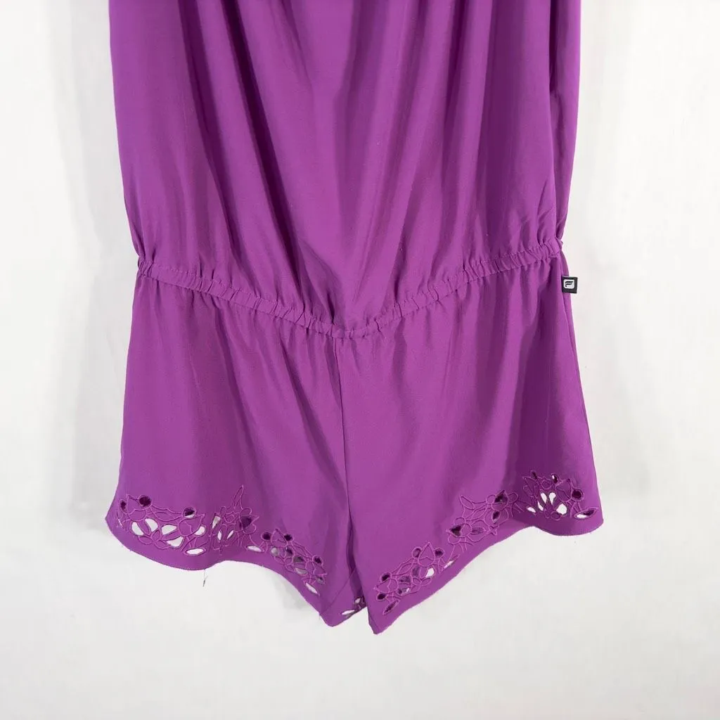 Fabletics XS Romper Perforated Legs‎ Purple Off Shoulder Short Sleeve 1304 - Image 6
