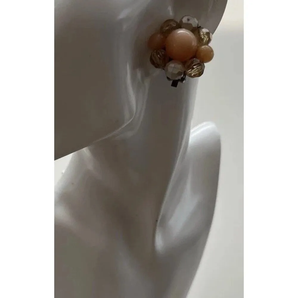 Vintage 1950s Faux Pearl Sea Cream Orange Crystal Cluster Clip on Earrings White - Image 7